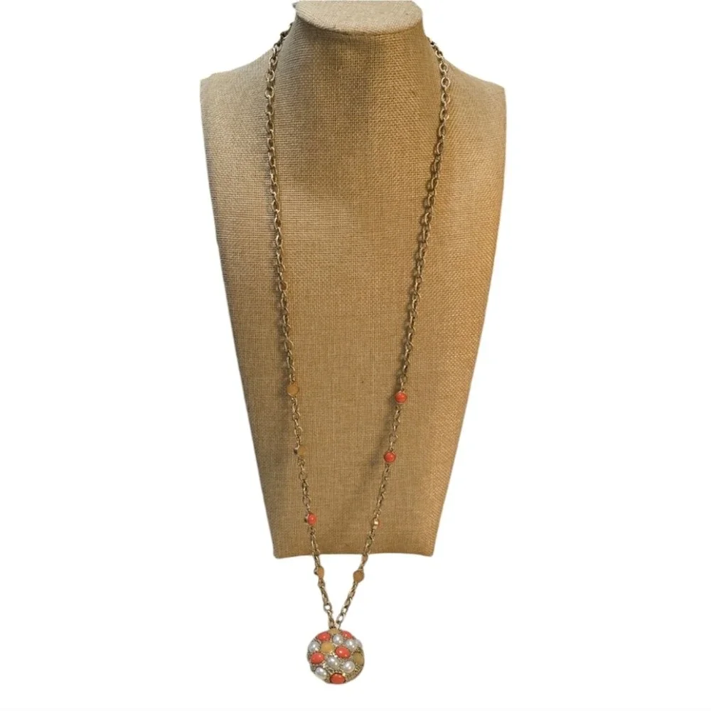 Lia Sophia Coral White‎ Amber Cabochon Domed Pendant Long Gold Tone Necklace NEW